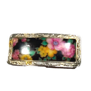Hair Barrette Tension Clip Gold Tone Black Pink Flowers Romance 1950' Style